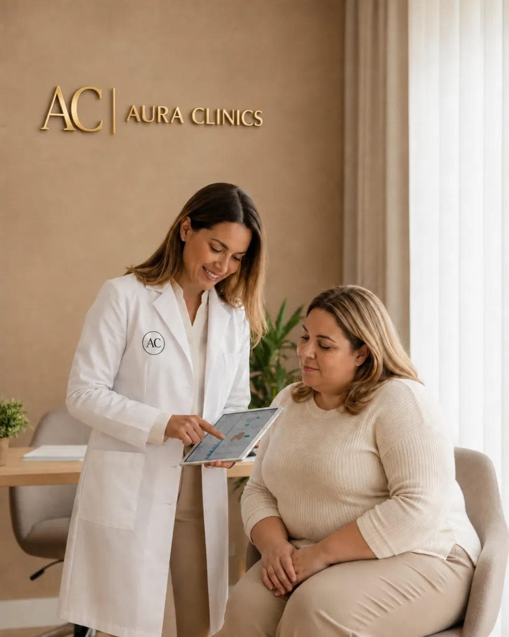 Médica explicando a una paciente su estudio de composición corporal en la consulta