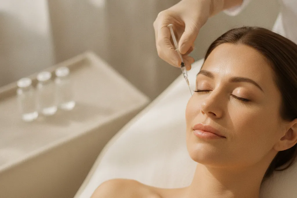Metgessa preparant un tractament de rejoveniment facial a una pacient estirada a la llitera